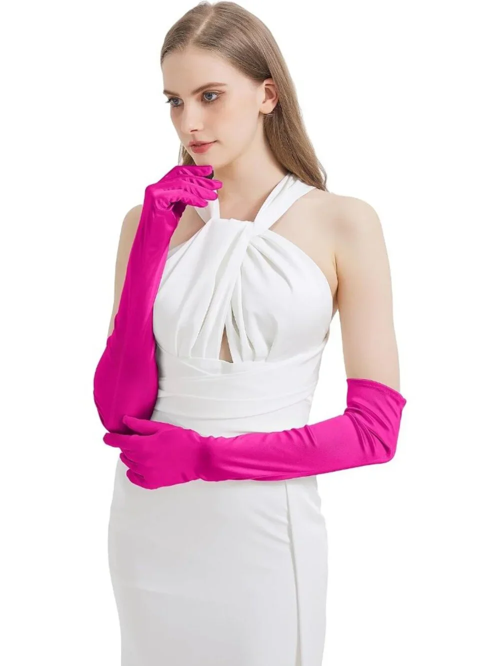 Women's Hot Pink Satin Opera Elbow Length 1920s Flapper Long Gloves Party
